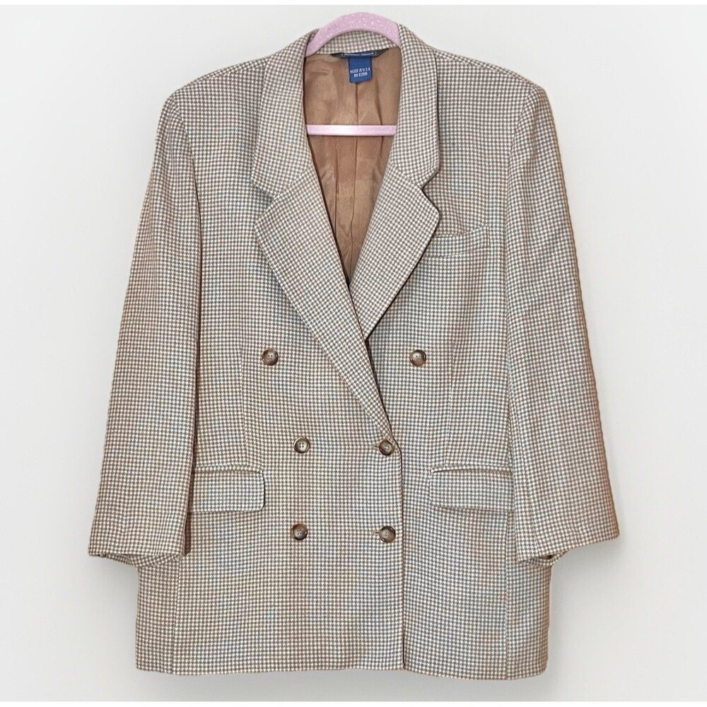 Austin Reed Blazer 14 Camel Hair Houndstooth Double Breasted Classic Luxury Chic